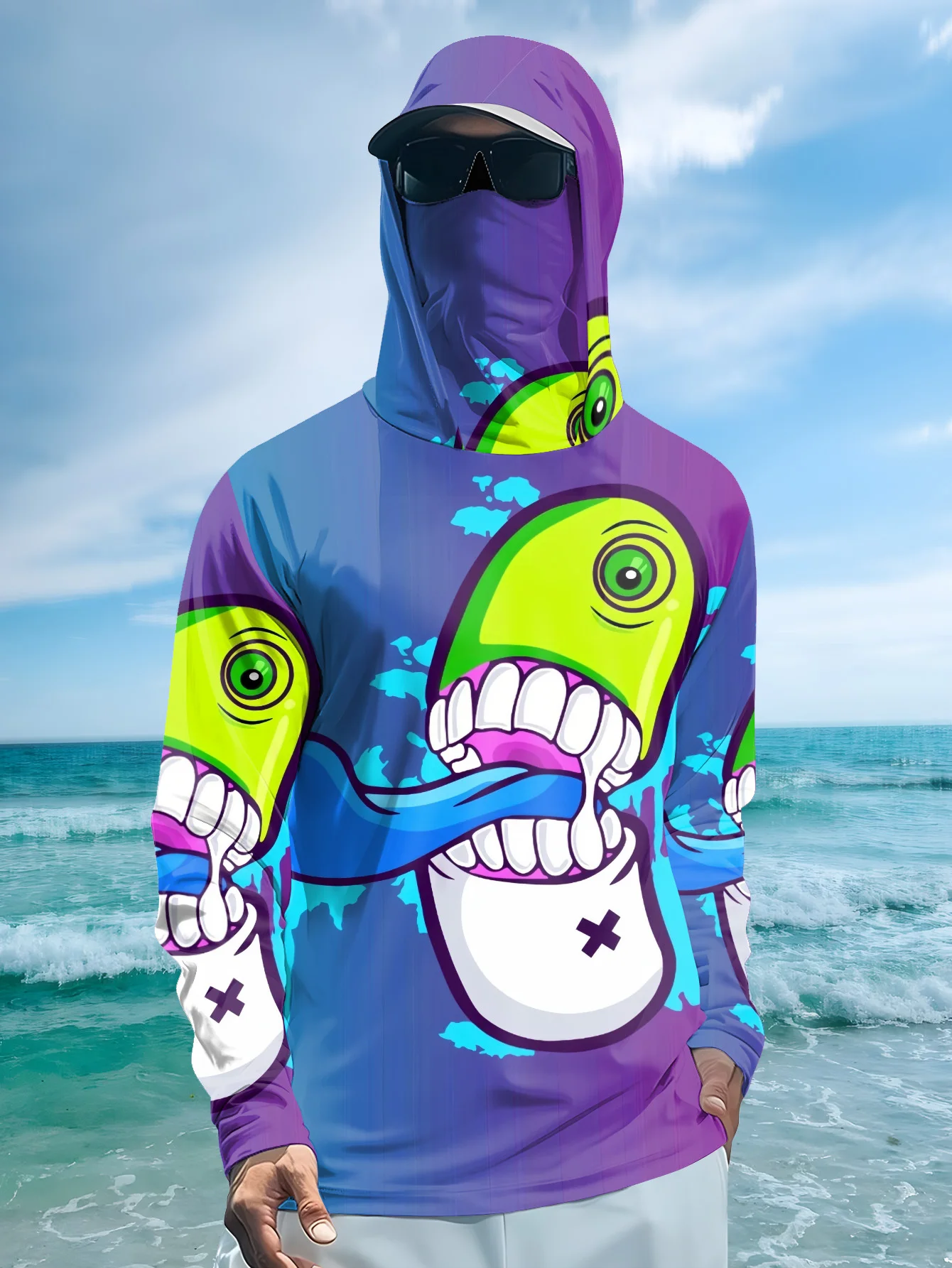 Fishing Mask Sun Protection - Men Cartoon Monster Graffiti Fishing Hoodie